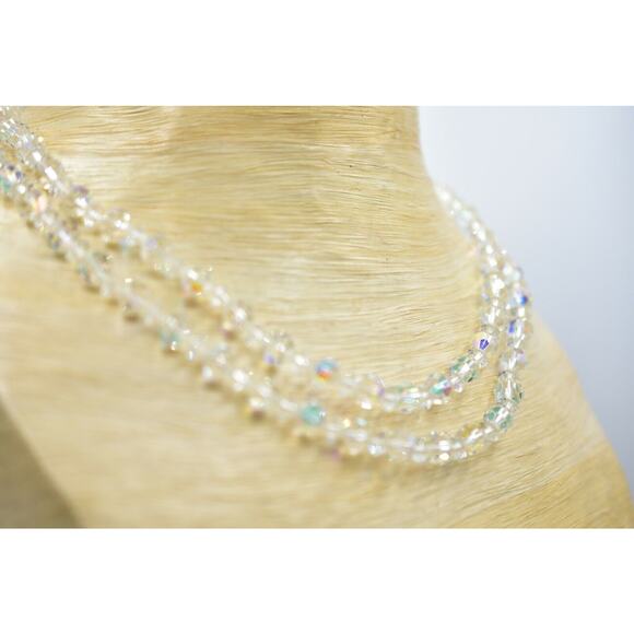 Vintage Aurora Borealis Crystal Double Strand Beaded Collar Necklace Shiny BinA - Picture 9 of 12